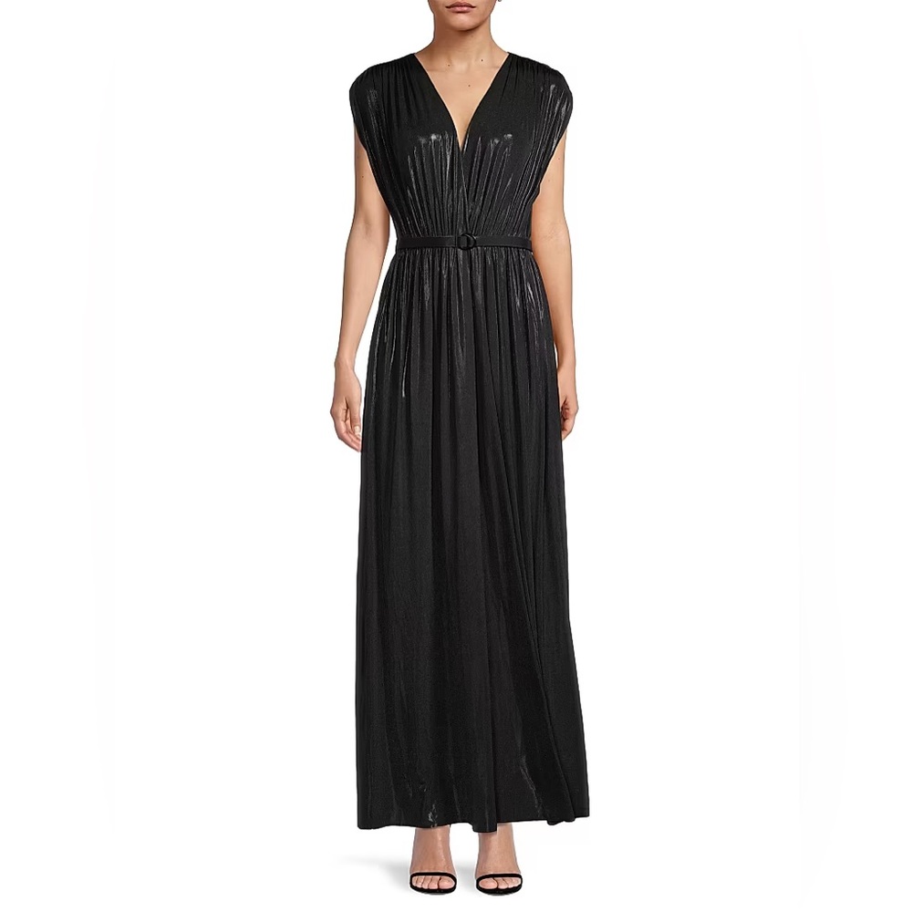 Norma Kamali Athena Black Sheen V-Neck Evening Cocktail Maxi Gown Size XS NWT